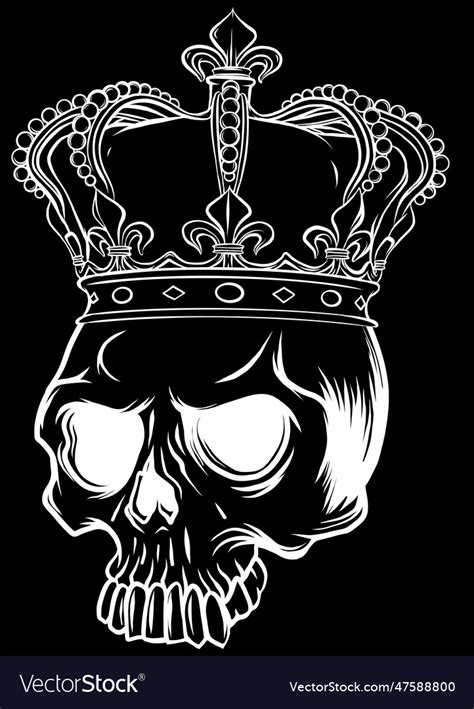 White Silhouette Of Skull With Crown On Black Vector Image