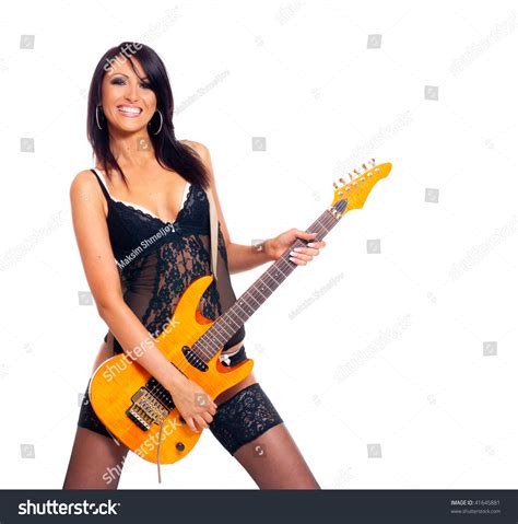 Sexy Brunette Guitar Isolated On White Shutterstock