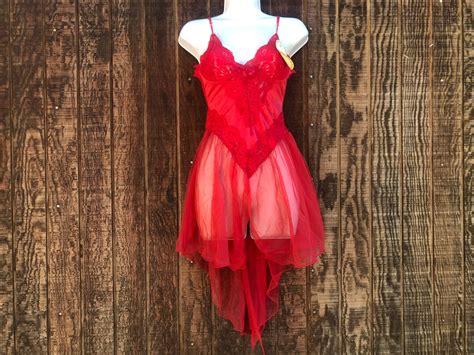 Vintage Red Lingerie Nightgown 90s 1990s Slit Sheer Lace Sexy Size Small NWT Andrea Kristoff For
