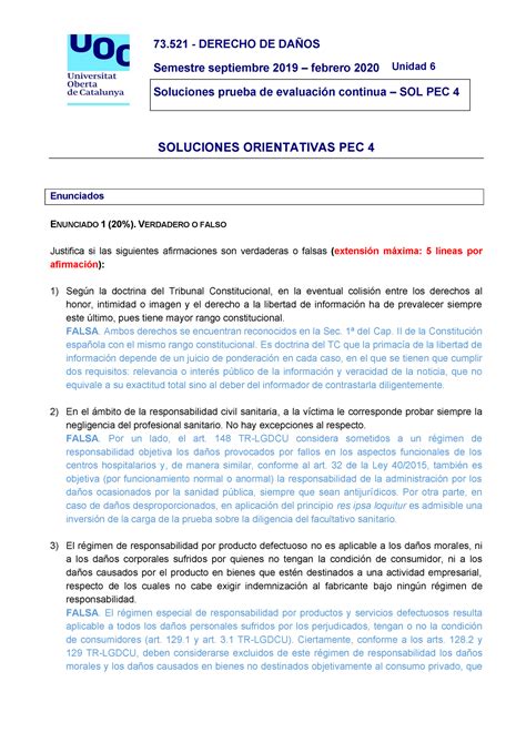 Solpec 4 73 DERECHO DE DAÑOS Semestre septiembre 2019 febrero