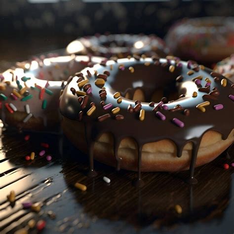 Donuts Con Glaseado De Chocolate Y Chispitas Sobre Una Mesa De Madera