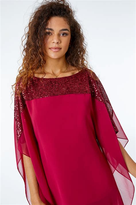 Sequin Embellished Chiffon Overlay Top in Port - Roman Originals UK