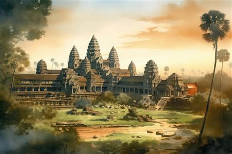 Premium Photo | Painting from a watercolor drawing of Angkor Wat