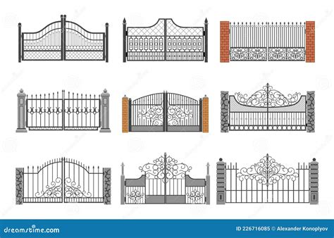 Set Of Ornamental Forged Gates Vector Flat Illustration Decorative Curved Metallic Railing