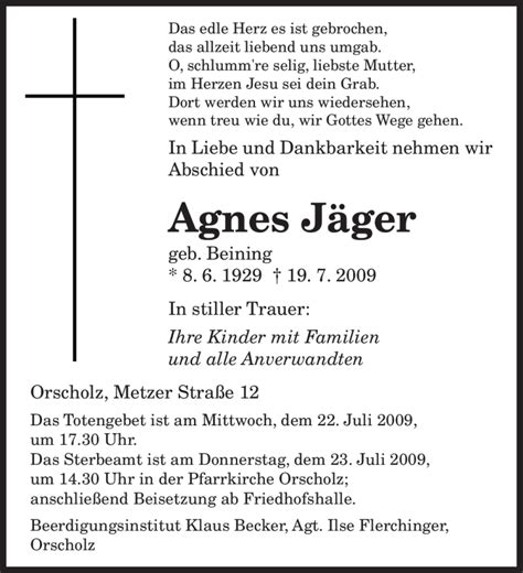 Traueranzeigen Von Agnes J Ger Saarbruecker Zeitung Trauer De