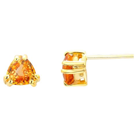 Matched Pair Round Sapphire Yellow Gold Triangle Shaped Stud Earrings