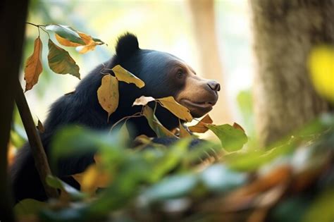 Premium Photo | A sun bear foraging for food among leaves