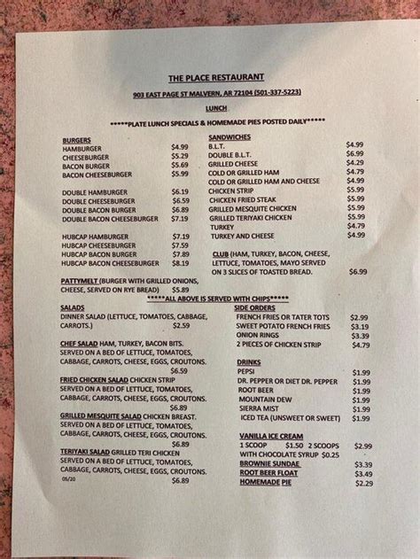 Menu At Place Restaurant Malvern