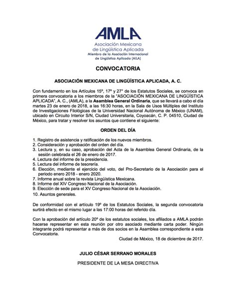 Convocatoria A La Asamblea General Ordinaria De Amla Enero Amla