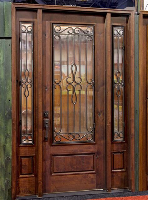 Custom Front Single Iron Wooden Doors With Sidelite Entry Wrought Iron Wood Door With 2 Side