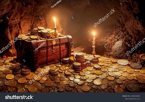 Old Pirate Treasure Chest Hidden Cave Stock Illustration