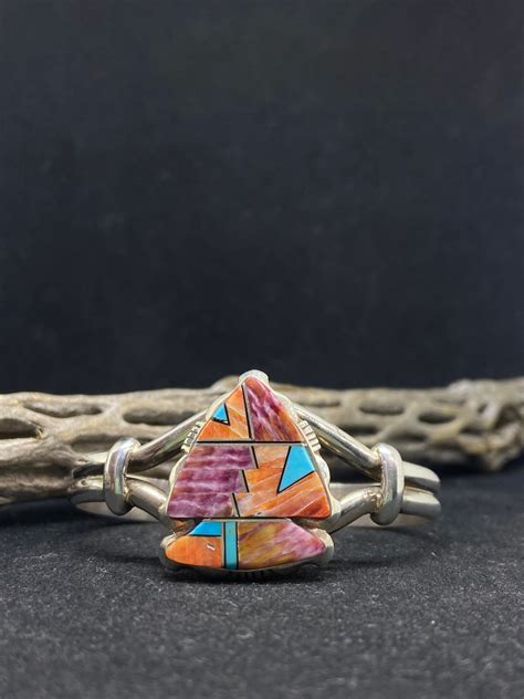 Native American Navajo Inlay Orange And Purple Spiny Oyster Shell Jet