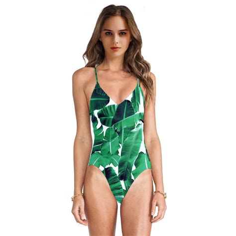 Green Leaf 3d Print Women One Piece Swimsuit Backless Swimwear Strap