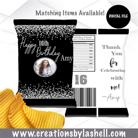 Birthday Chip Bags Template Black And Silver Chip Bags Printable Custom Chip Bag Digital File