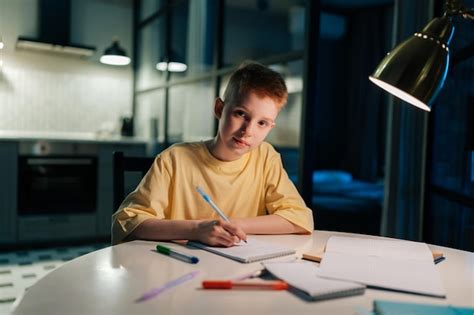 Portr T Eines Rothaarigen Sch Lers Der Zu Hause Lernt Und Am Tisch