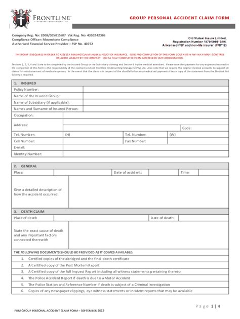 Fillable Online Frontlineinsurance Co Page 1 4 GROUP PERSONAL ACCIDENT