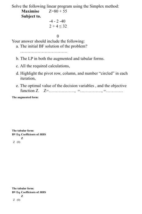 Solved Solve The Following Linear Program Using The Simplex Chegg