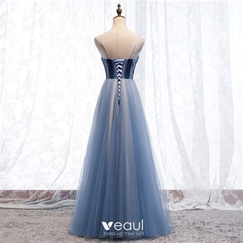 Chic / Beautiful Ocean Blue Evening Dresses 2019 A-Line / Princess Spaghetti Straps Suede ...