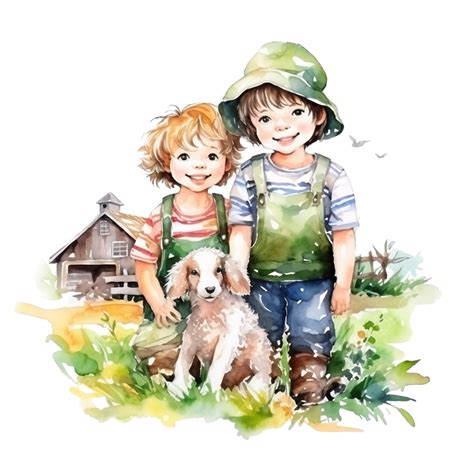 Cute Kids On The Farm Watercolor Art Generative Ai Cute Nursery Farm