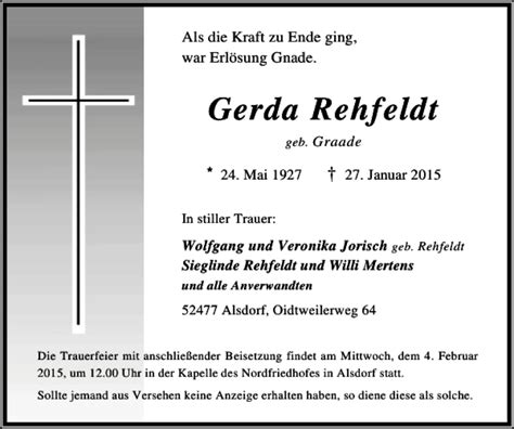 Traueranzeigen Von Gerda Rehfeldt Aachen Gedenkt