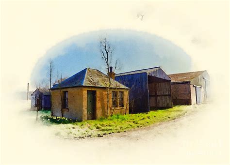 Wee Farm Cottage Next To Old Tin Barns On A Farm Track Digital Art By