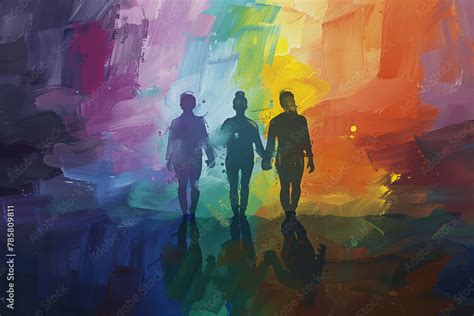 Lgbt Loving Threesome To Celebrate Gay Pride Day Standing Proudly Together Amidst The Colorful