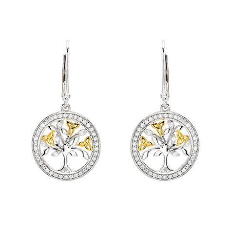 Sterling Silver White Cubic Zirconia Gold Plated Tree Of Life Earrings