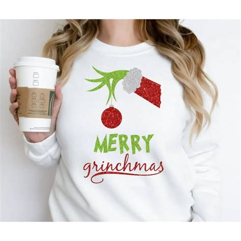 Merry Grinchmas Sweatshirt Grinch Hand Glitter Grinch Sweater Merry