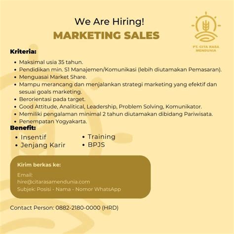 Lowongan Kerja Marketing Sales Di Pt Cita Rasa Mendunia Lokerjogja Id