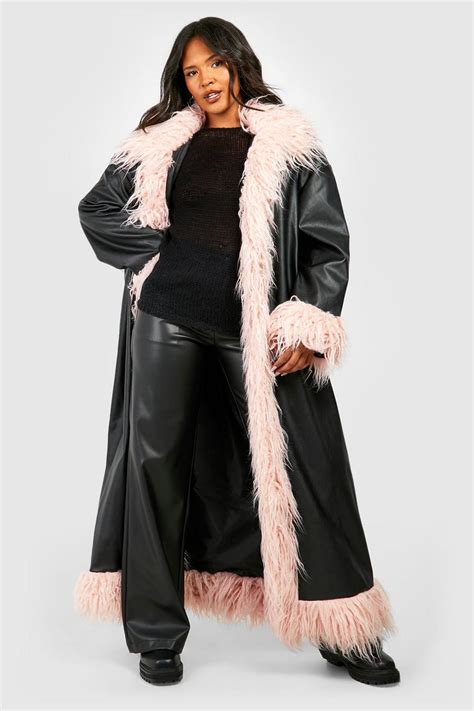 Plus Faux Fur Trim Pu Coat Boohoo Uk