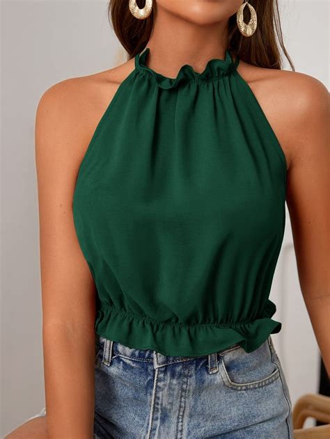 Shein Frilled Neck Tie Back Peplum Halter Top Halter Top Womens