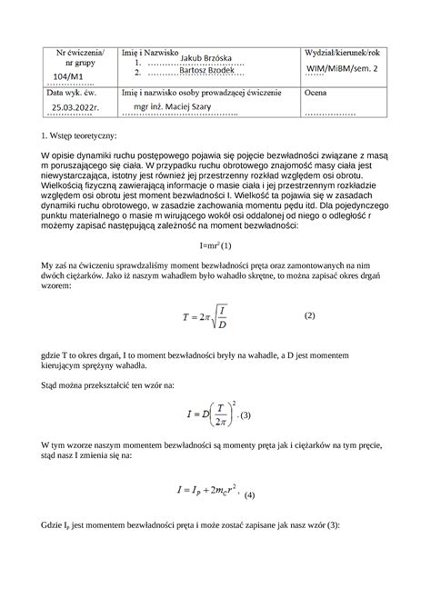 Sprawozdanie Fizyka W Wst P Teoretyczny W Opisie Dynamiki Ruchu