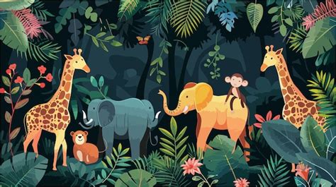 Papel tapiz de animales exóticos de la selva con exuberante vegetación