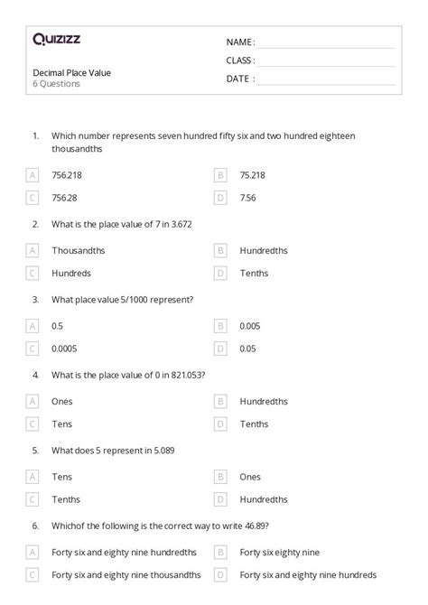 50+ Decimal Place Value worksheets for 3rd Class on Quizizz | Free ...