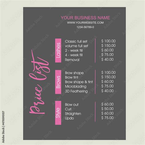 Printable Price Sheet Price Guide Hair Salon Hairdresser Beauty