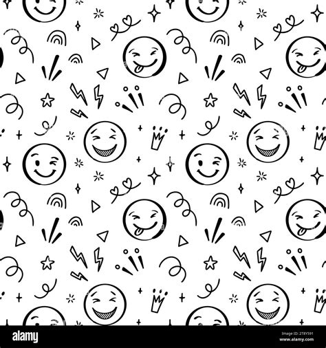 Doodle Emoji Seamless Pattern Hand Drawn Sketch Positive Emoticons