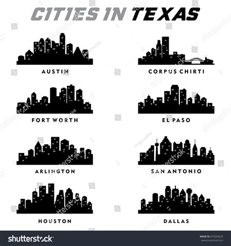 Texas Cities Silhouette City Skyline Cityscape Stock Vector (Royalty ...