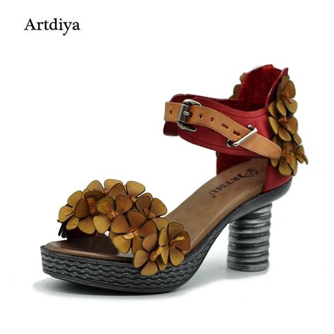 Artdiya Original Summer New Retro Flowers Women Sandals Sheepskin Platform High Heels Handmade