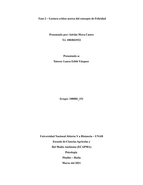 Unidad 1 Fase 2 Lectura Critica Acerca Del Concepto De Felicidad