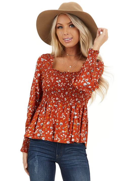 Burnt Orange Floral Ditsy Print Top With Smocked Bust Front Close Up