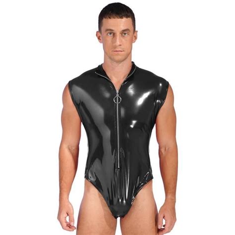 Iixpin Lingerie Cuir Verni Sexy Homme Bodysuit Wetlook Catsuit Moulant Clubwear Xl Xl Noir