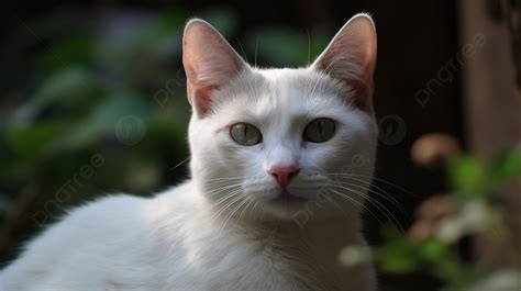 뒤에 나뭇잎과 태양에 녹색 눈을 가진 흰 고양이 고양이 고양이 네코 키지토라 흰색 회색 고양이 새끼 고양이 암컷 암컷 고양이