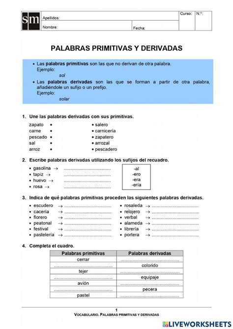 Palabras Primitivas Y Derivadas Interactive Activity For Primaria