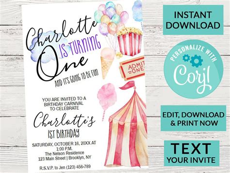 Carnival Ticket Birthday Invitation, Circus Party, Circus Invitation Editable Instant Download ...