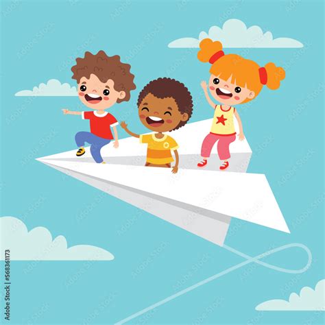 Cartoon Kids Flying With Paper Plane Stock Vector | Adobe Stock