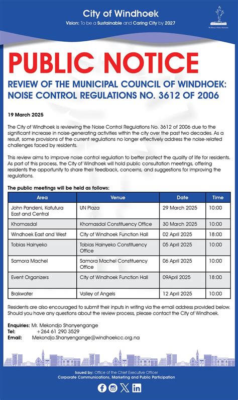 City - City of Windhoek is reviewing its Noise Control Regulations to