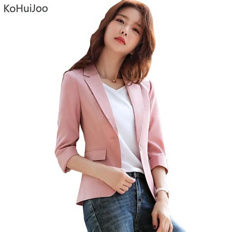 Kohuijoo Summer Cotton Linen Blazer Women Three Quarter Sleeve Casual