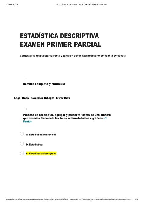 Estadística Descriptiva Examen Primer Parcial Estadistica descriptiva