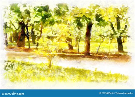 Watercolor Painting Landscape With Trees In Park Modern Digital Art