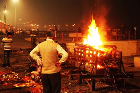 Funeral Pyre That Night Manikarnika Ghat Ganges River In Editorial